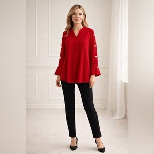 Size MP • Fairhaven Red Beaded Heart Blouse – Sheer Sleeve Detail